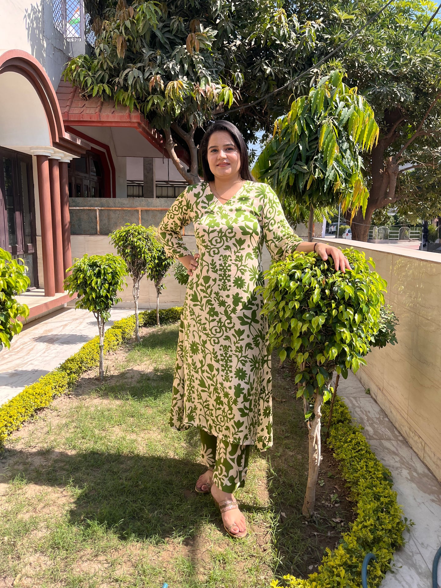 Beige Green Floral Muslin Co-ord Set