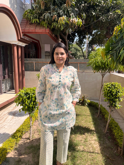 White with Multicoloured Floral Cotton Pant Suit