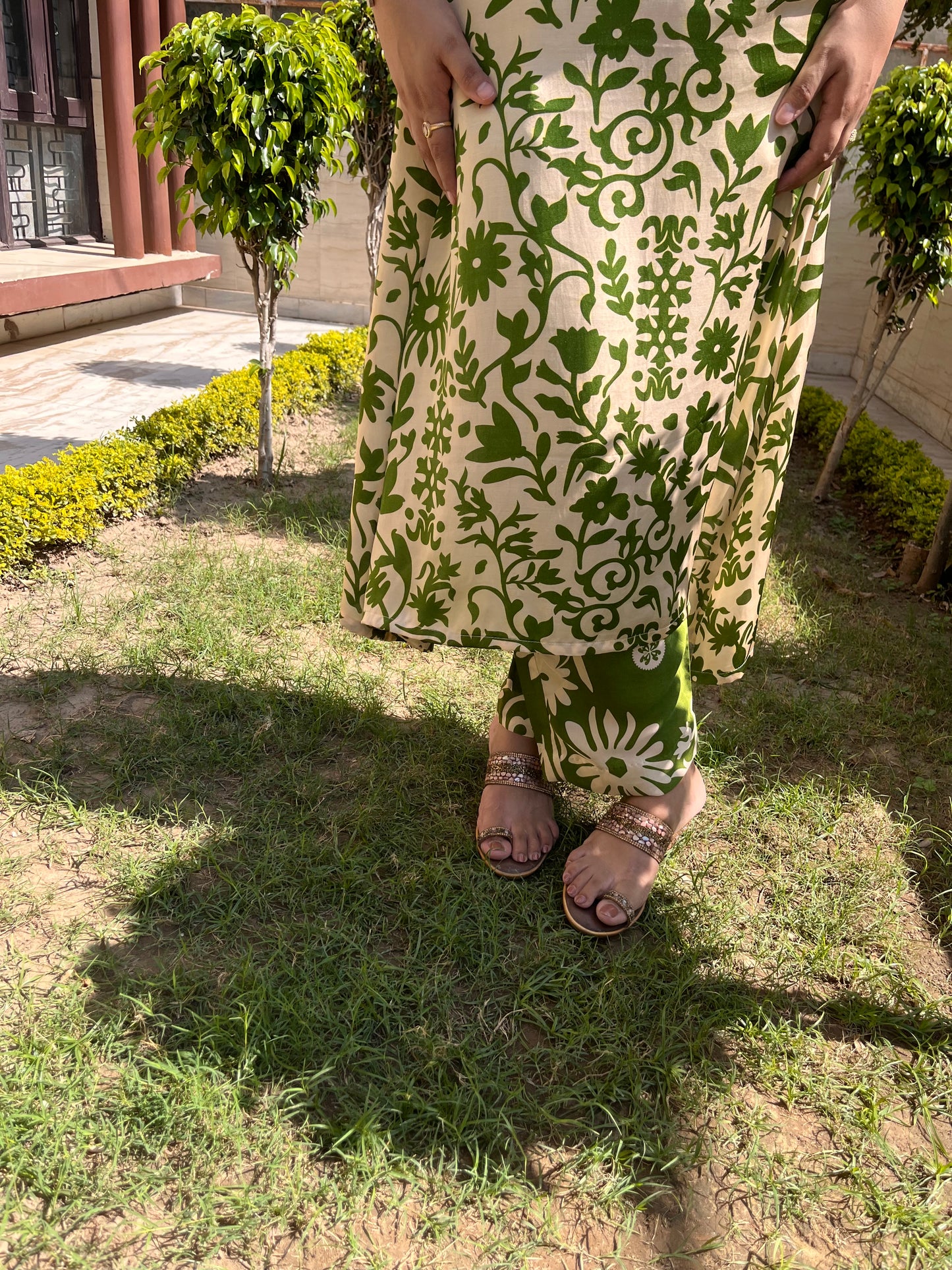 Beige Green Floral Muslin Co-ord Set