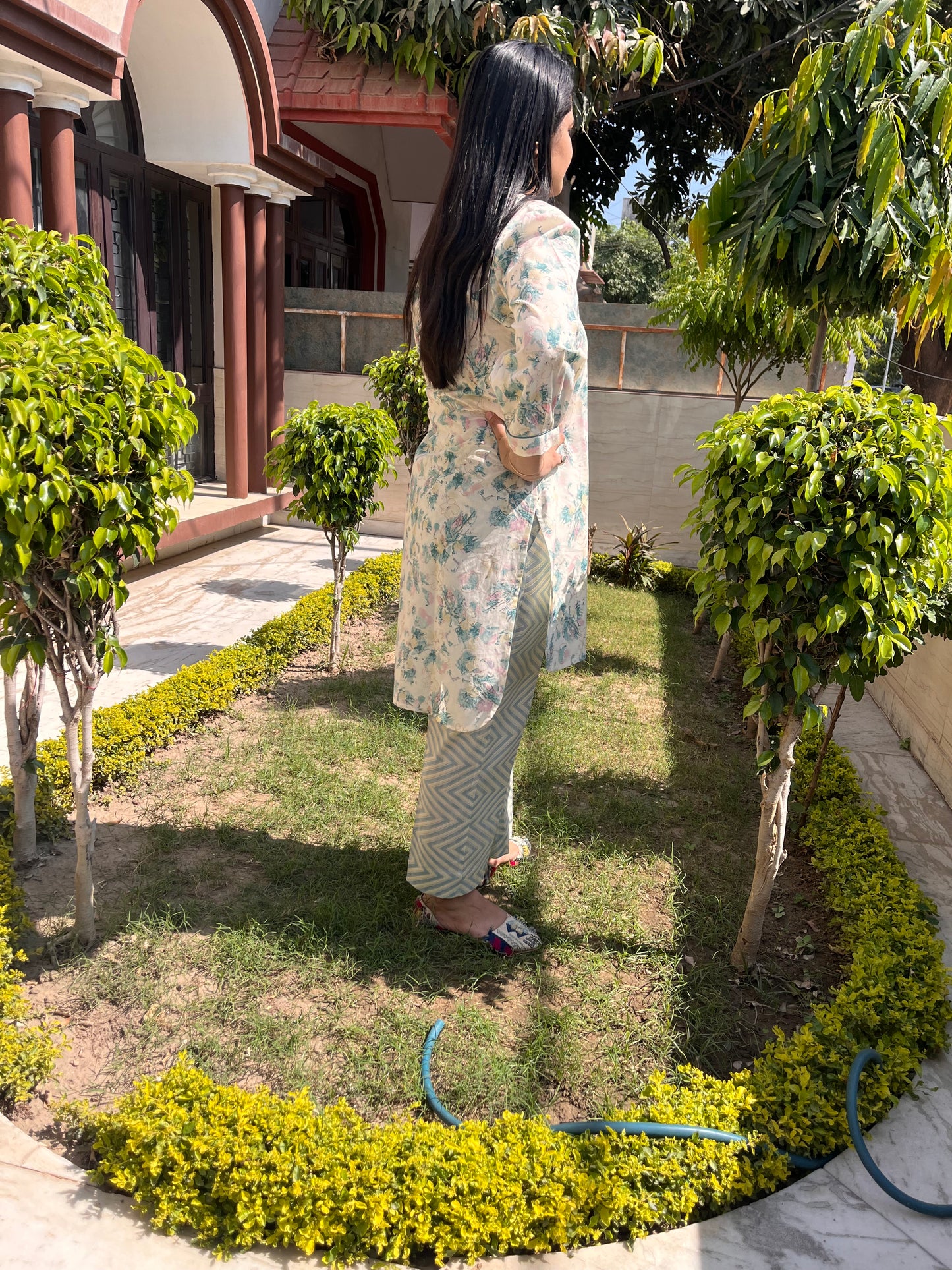 White with Multicoloured Floral Cotton Pant Suit