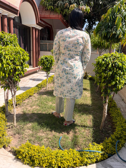 White with Multicoloured Floral Cotton Pant Suit