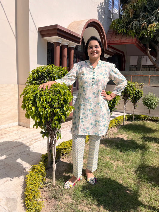 White with Multicoloured Floral Cotton Pant Suit