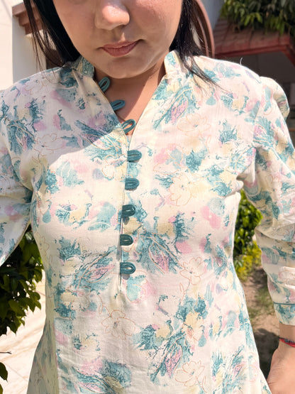 White with Multicoloured Floral Cotton Pant Suit