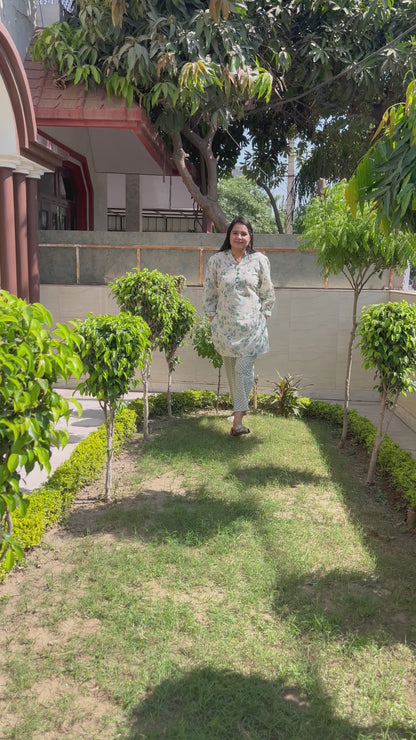 White with Multicoloured Floral Cotton Pant Suit